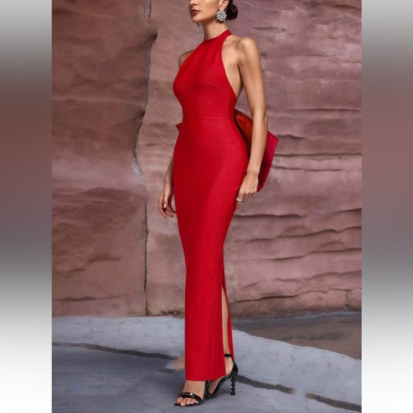 Elegant Red Bodycon Bandage Evening Dress with Bow Detail - Picture 6 of 7